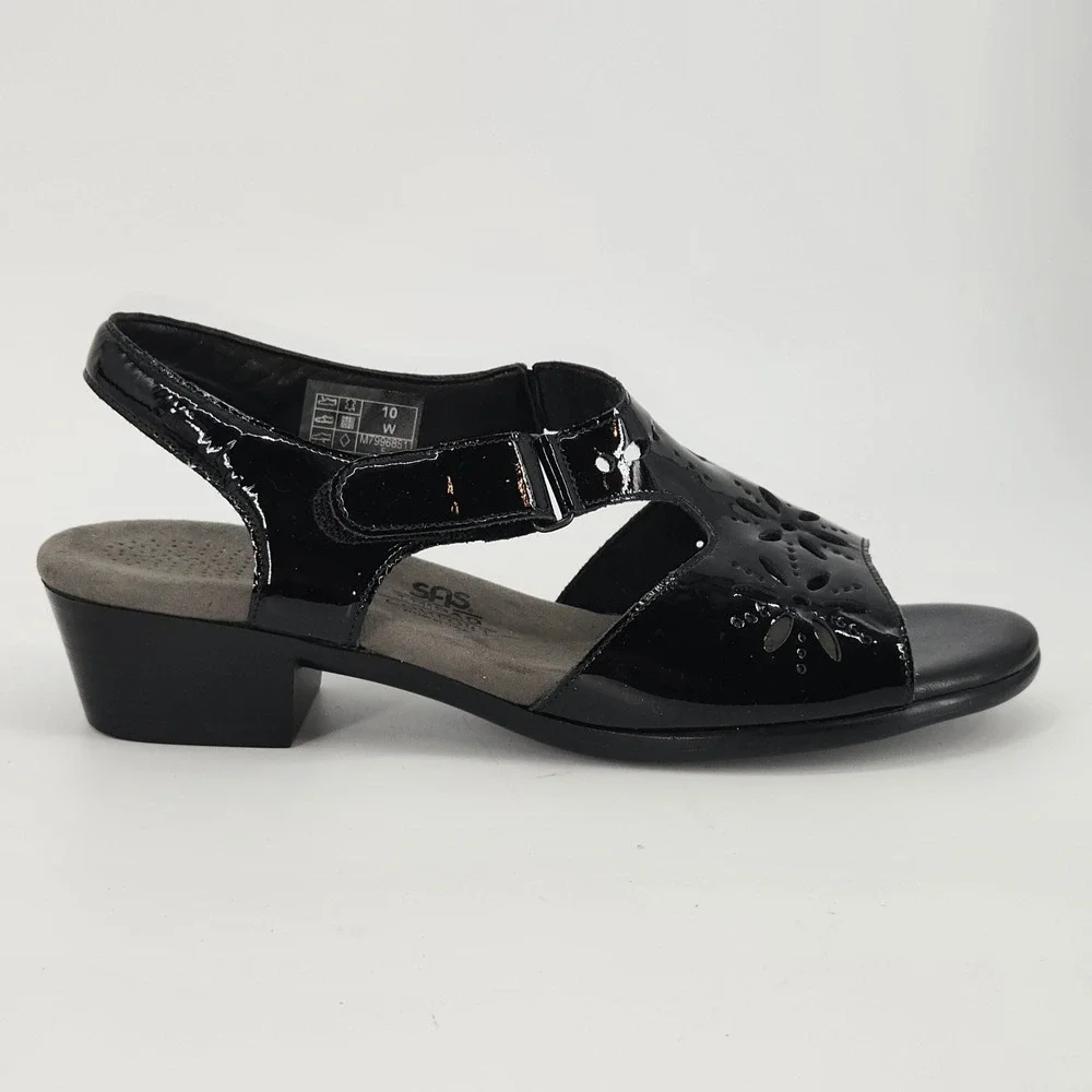 SAS Sunburst Tripad‎ Comfort Black Patent Leather Cutout Sandal Low Heel 10 W